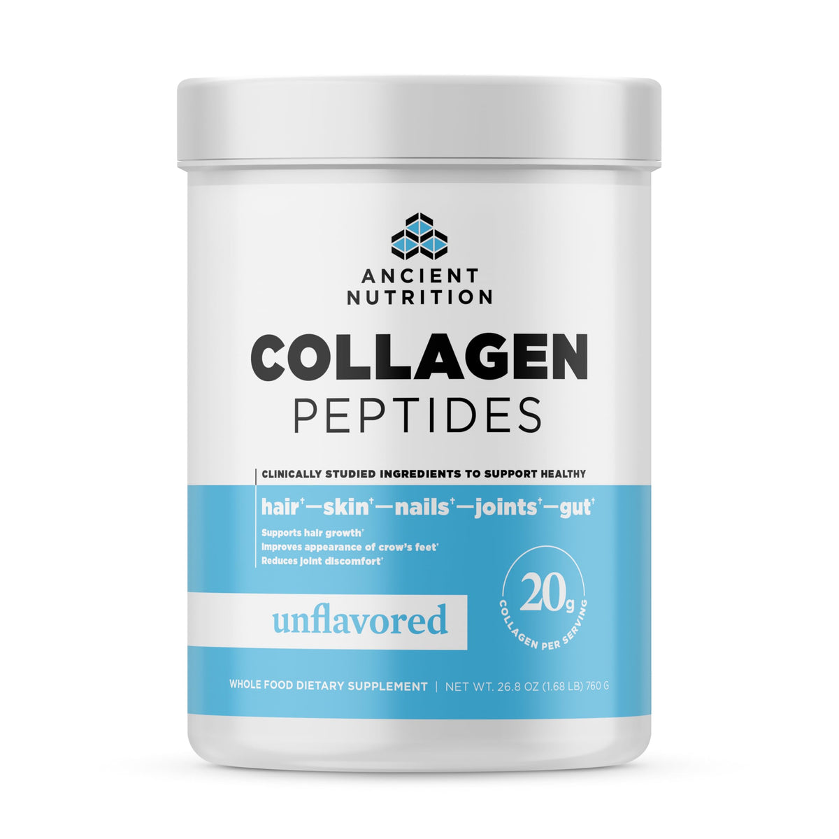Bouteille de poudre de collagène hydrolysé Ancient Nutrition, vue avant