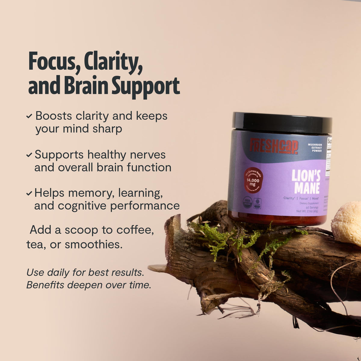 Bouteille de poudre de Lion's Mane FreshCap ouverte