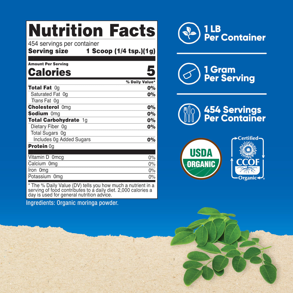 Bouteille de poudre de moringa Nutricost avec cuillère de dosage