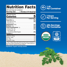 Bouteille de poudre de moringa Nutricost avec cuillère de dosage