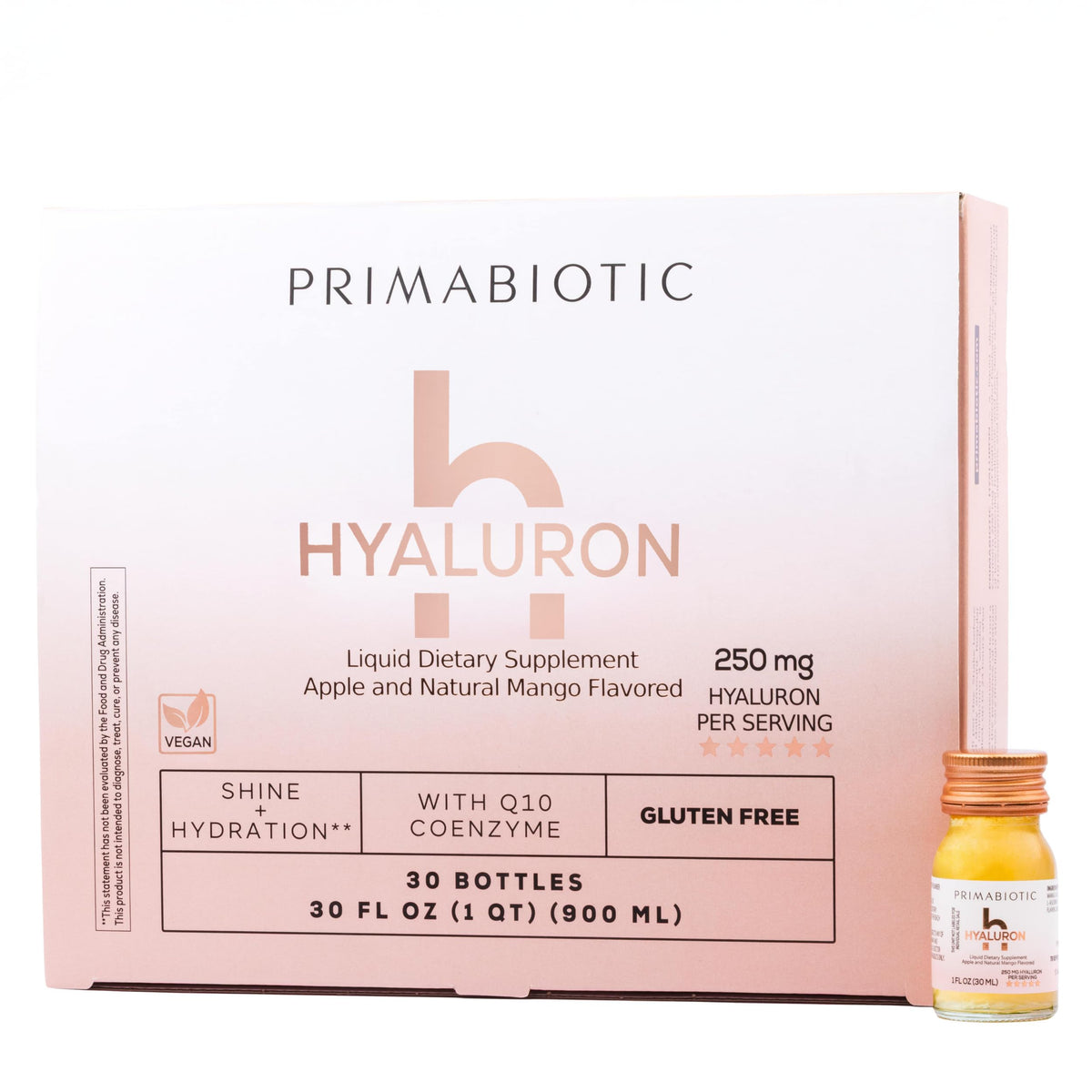Bouteille de PRIMABIOTIC Acide Hyaluronique 250mg avec étiquette mango