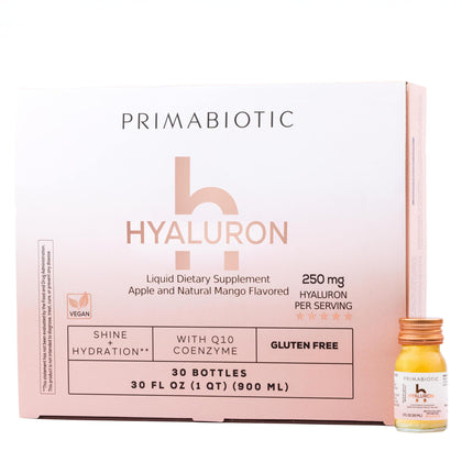Bouteille de PRIMABIOTIC Acide Hyaluronique 250mg avec étiquette mango
