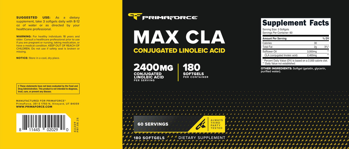 Bouteille de Primaforce CLA 2400mg ouverte avec gélules
