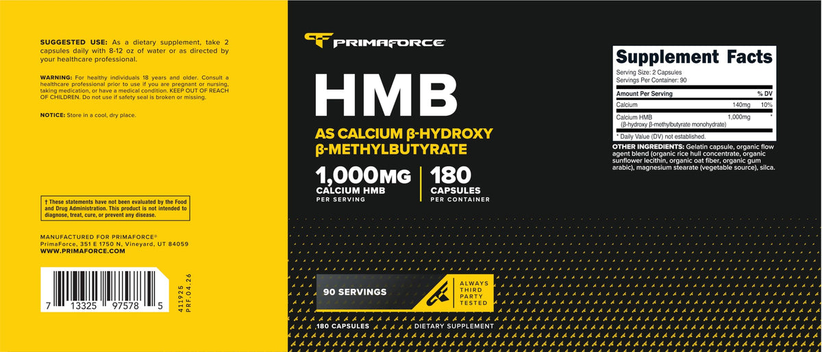 Bouteille de Primaforce HMB 1000mg sur une table en bois