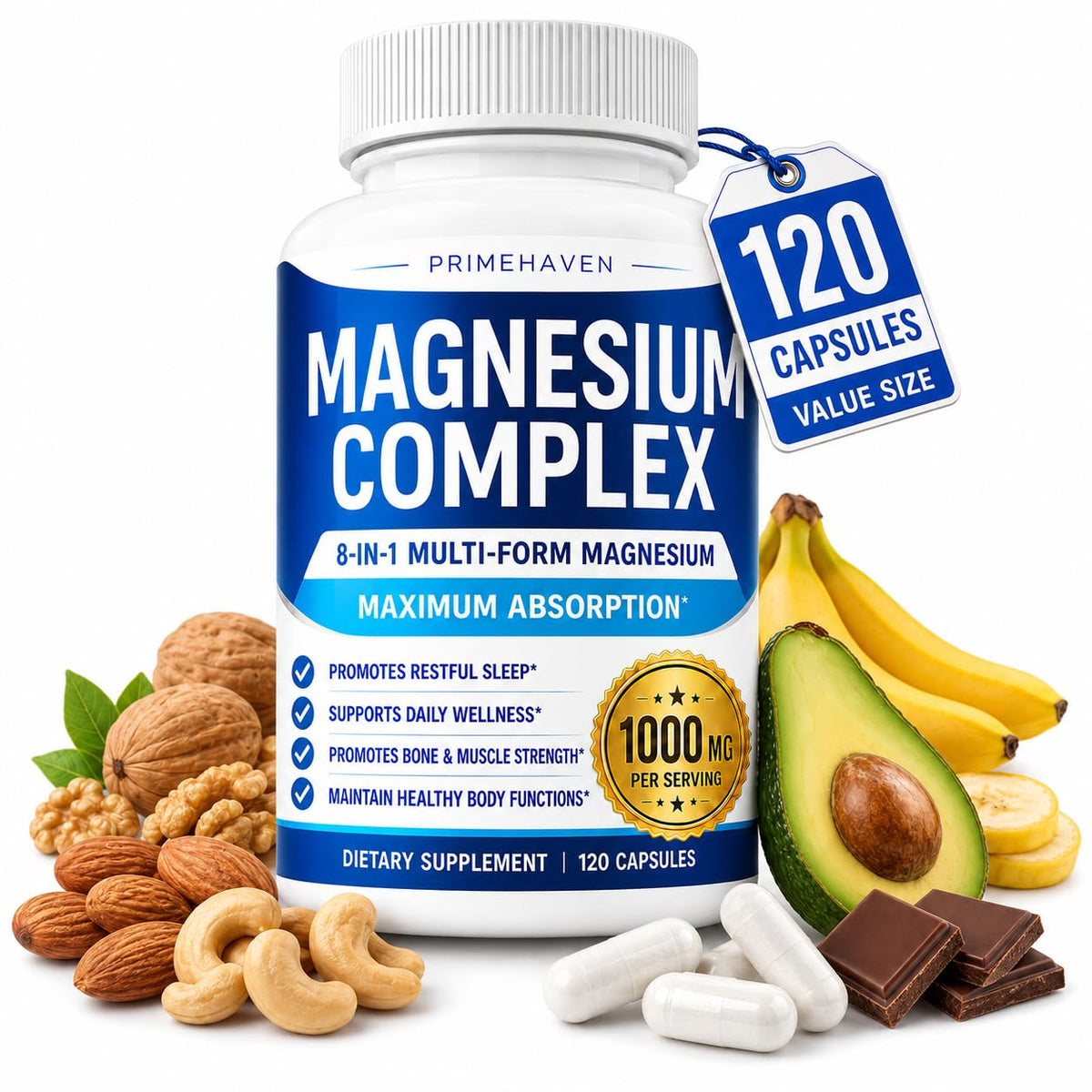 Bouteille de PRIMEHAVEN Complexe de Magnésium 1000mg, vue de face