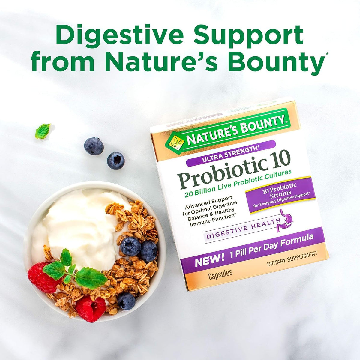 Bouteille de probiotiques Acidophilus Nature's Bounty avec des comprimés à côté