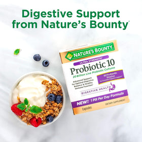 Bouteille de probiotiques Acidophilus Nature's Bounty avec des comprimés à côté