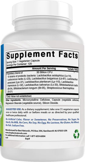 Bouteille de Probiotiques Best Naturals ouverte montrant les gélules