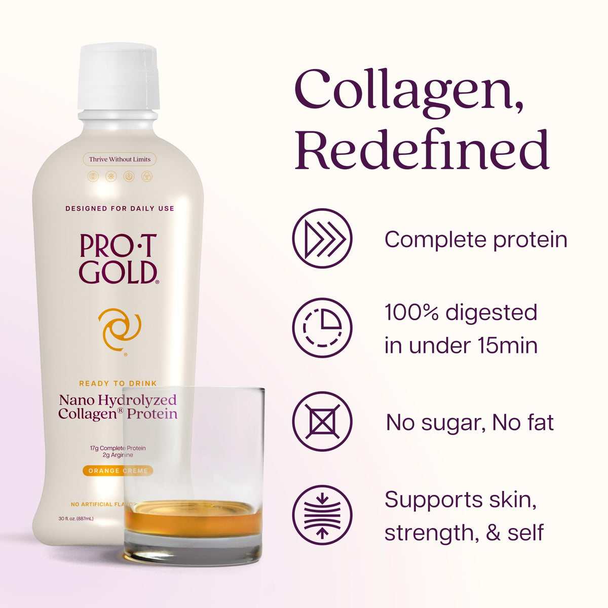 Bouteille de ProT Gold Collagène à côté d'un verre