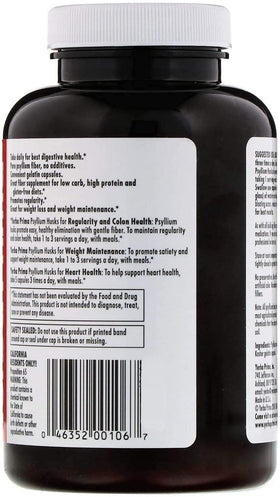 Bouteille de psyllium Yerba Prima ouverte, montrant les capsules