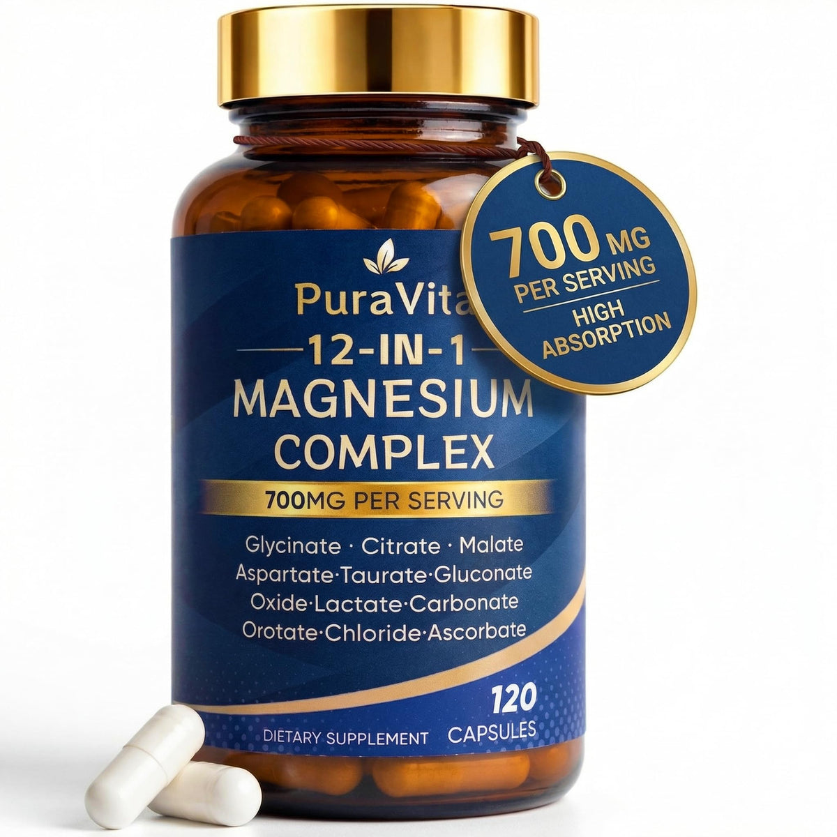 Bouteille de PURAVITA Complexe de Magnésium 12 en 1 700mg vue de face