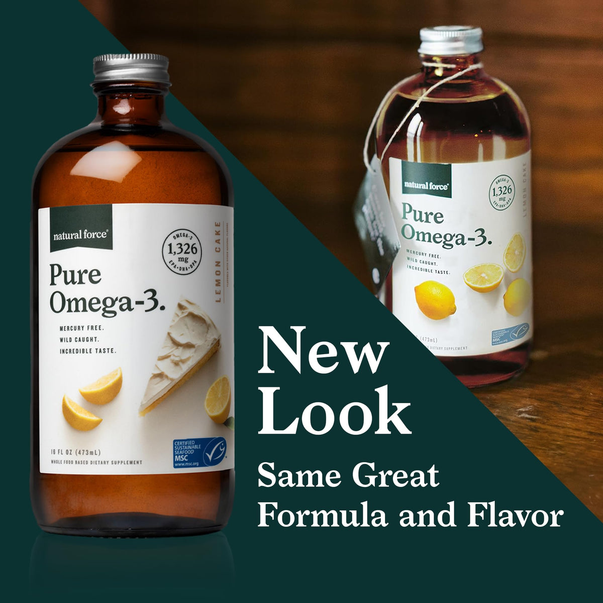 Bouteille de Pure Omega 3 Natural Force avec un fond citron