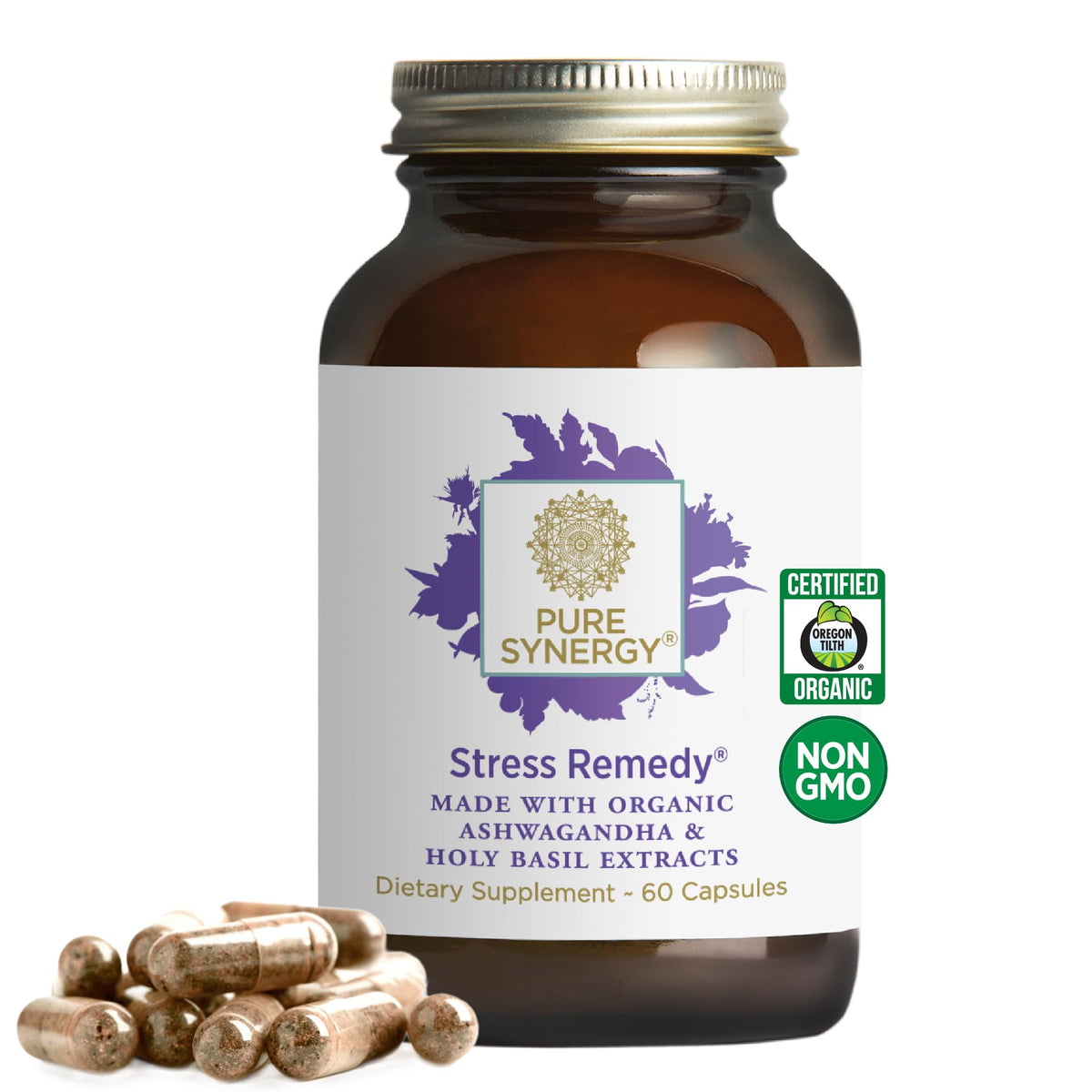 Bouteille de PURE SYNERGY Complément Alimentaire Anti-Stress avec 60 capsules