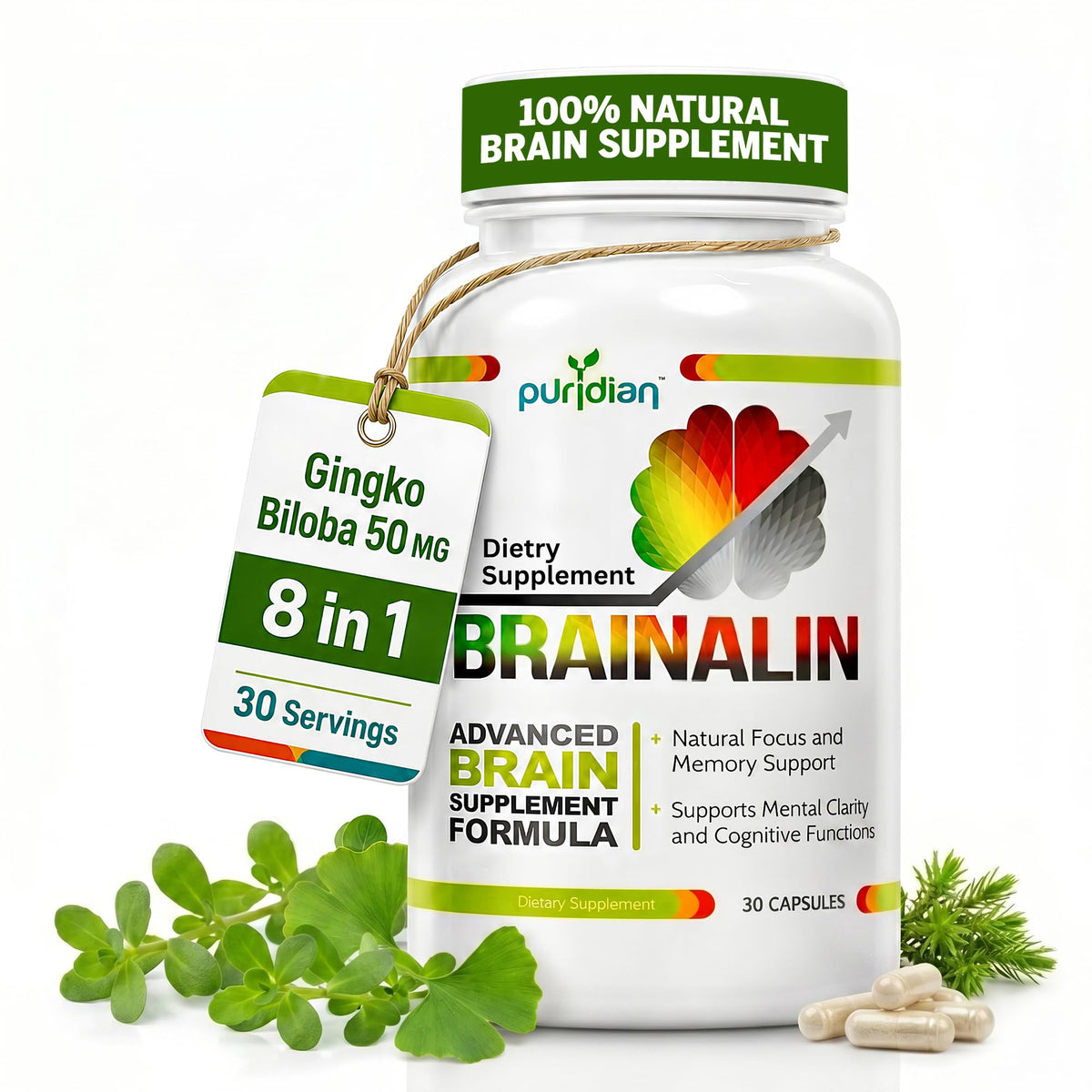 Bouteille de Puridian Compléments Cérébraux Ginkgo Biloba 50g vue avant