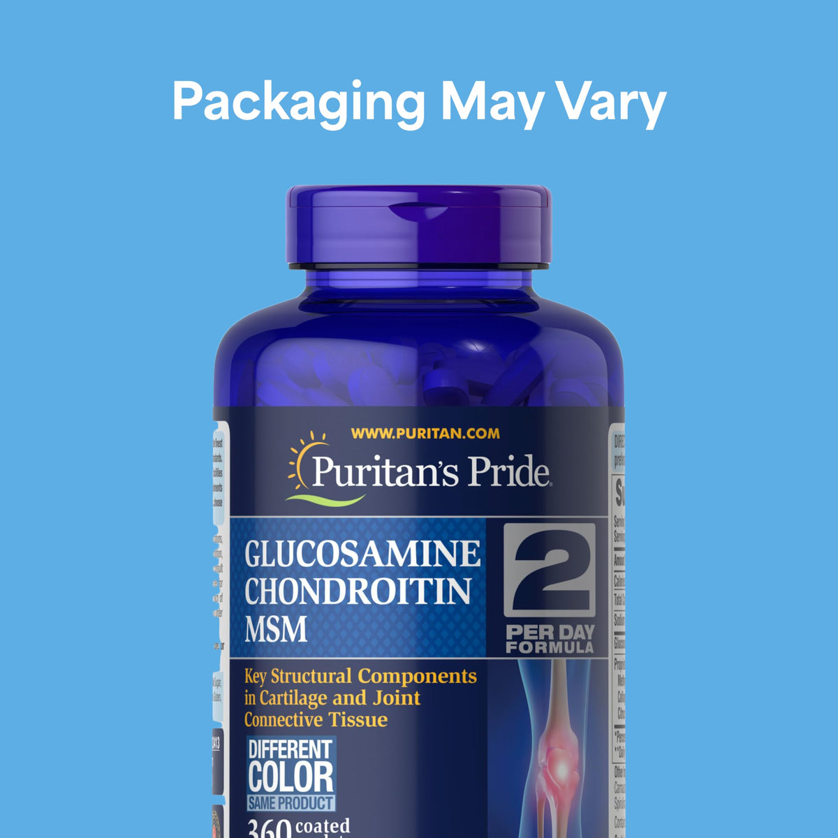 Bouteille de Puritan's Pride Glucosamine Chondroitin MSM avec étiquette visible