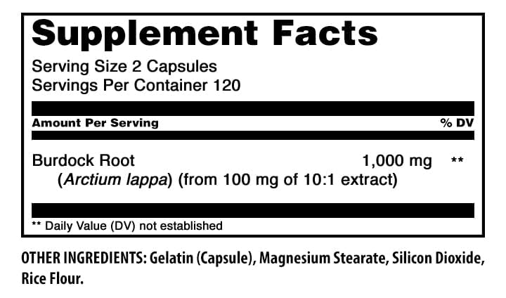 Bouteille de Racine de Bardane Amazing Nutrition avec étiquette détaillée