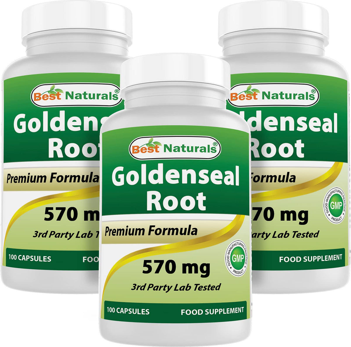 Bouteille de racine de Goldenseal Best Naturals 570 mg 100 capsules vue de face