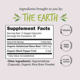 Bouteille de racine de maca bio avec capsules à côté