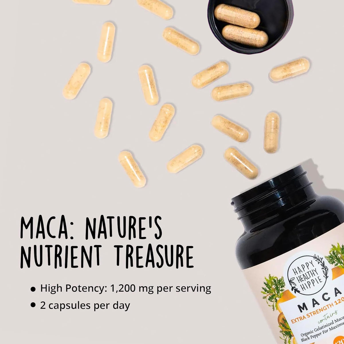 Bouteille de racine de maca bio sur un fond neutre