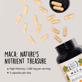 Bouteille de racine de maca bio sur un fond neutre