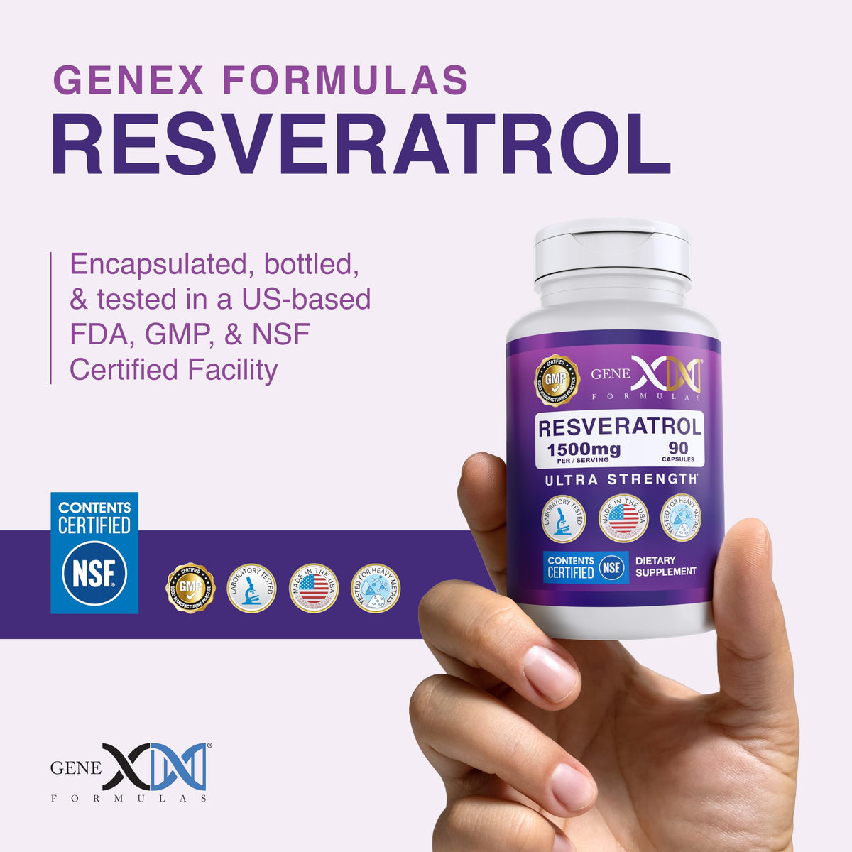 Bouteille de Resveratrol Genex Formulas ouverte sur fond neutre