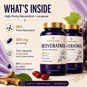 Bouteille de resvératrol WONDER FAMILY 500mg montrant les ingrédients
