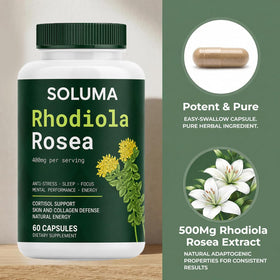 Bouteille de Rhodiola Rosea sur un fond naturel