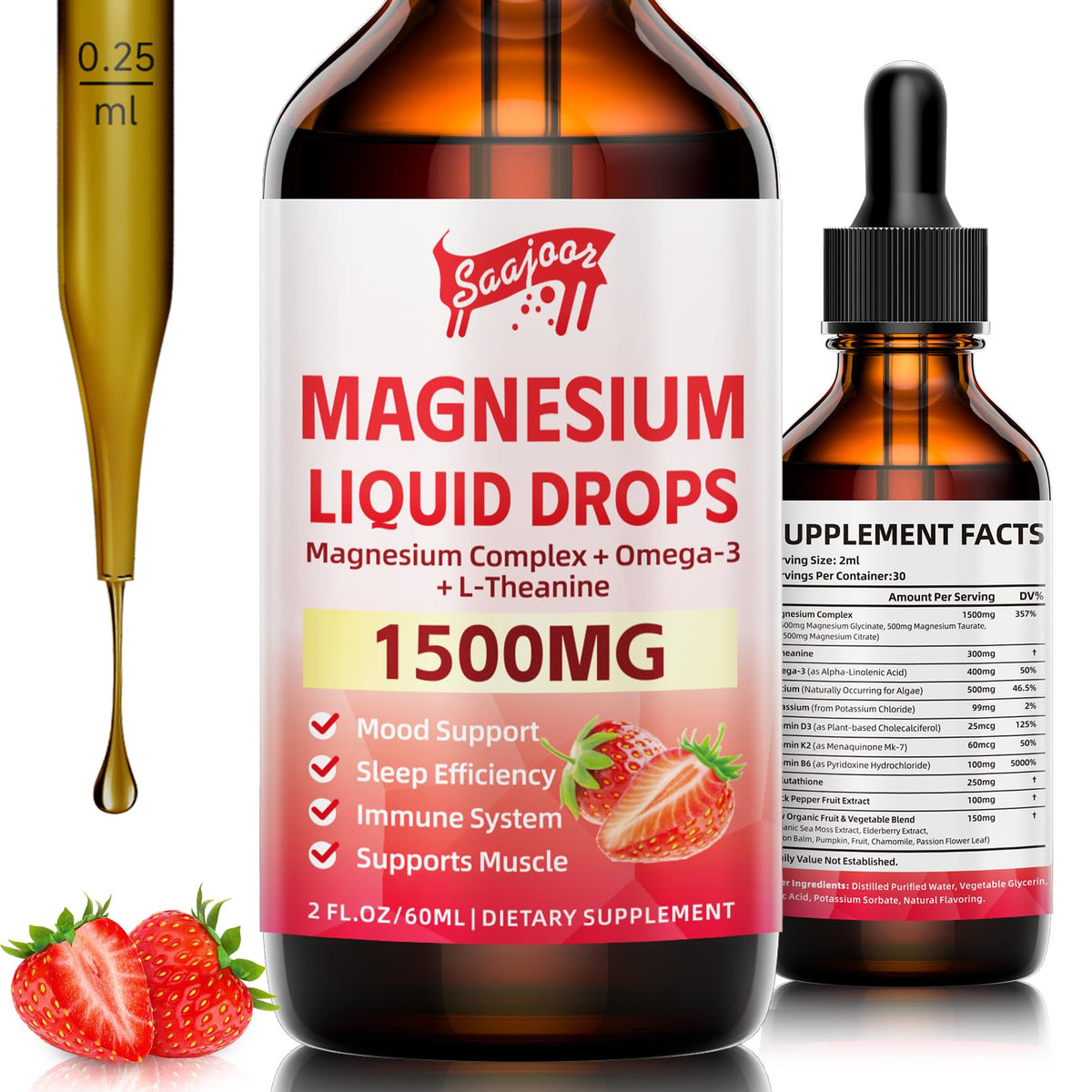 Bouteille de Saajoor Gouttes de Magnésium Glycinate 1500mg, vue avant