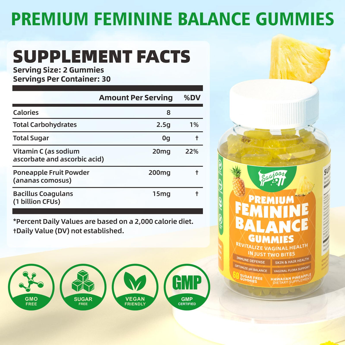 Bouteille de Saajoor Gummies Équilibre Féminin avec étiquette