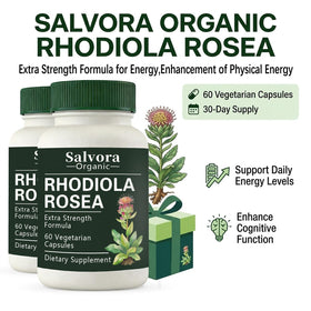 Bouteille de Salvora Organic Rhodiola Rosea avec capsules visibles