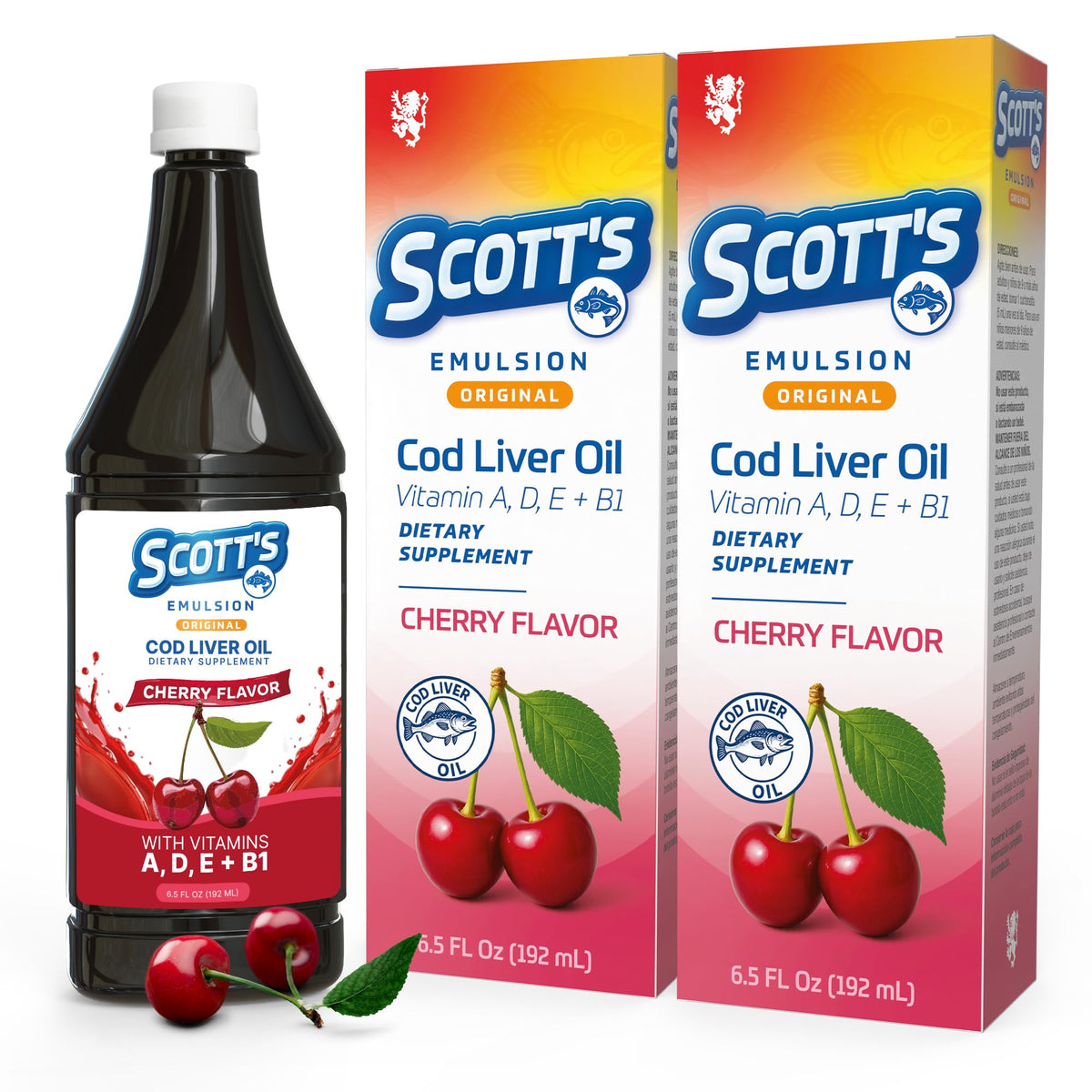 Bouteille de SCOTT'S EMULSION Huile de Foie de Morue Cerise 6,5 oz vue de face