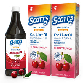 Bouteille de SCOTT'S EMULSION Huile de Foie de Morue Cerise 6,5 oz vue de face