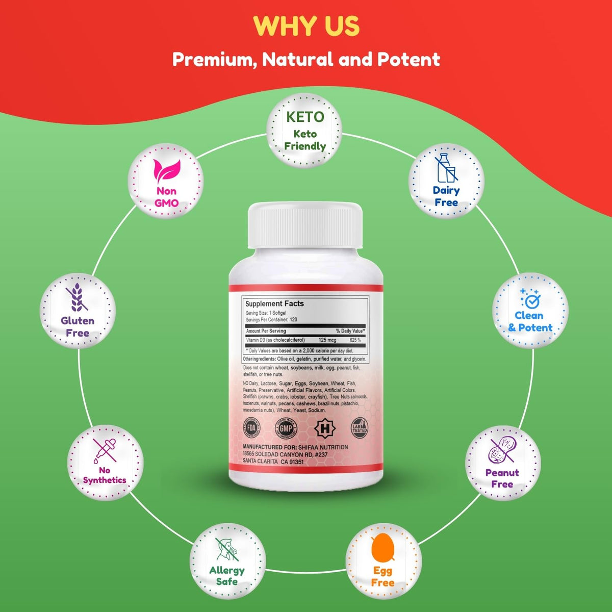 Bouteille de SHIFAA NUTRITION Vitamine D3 ouverte avec gélules visibles