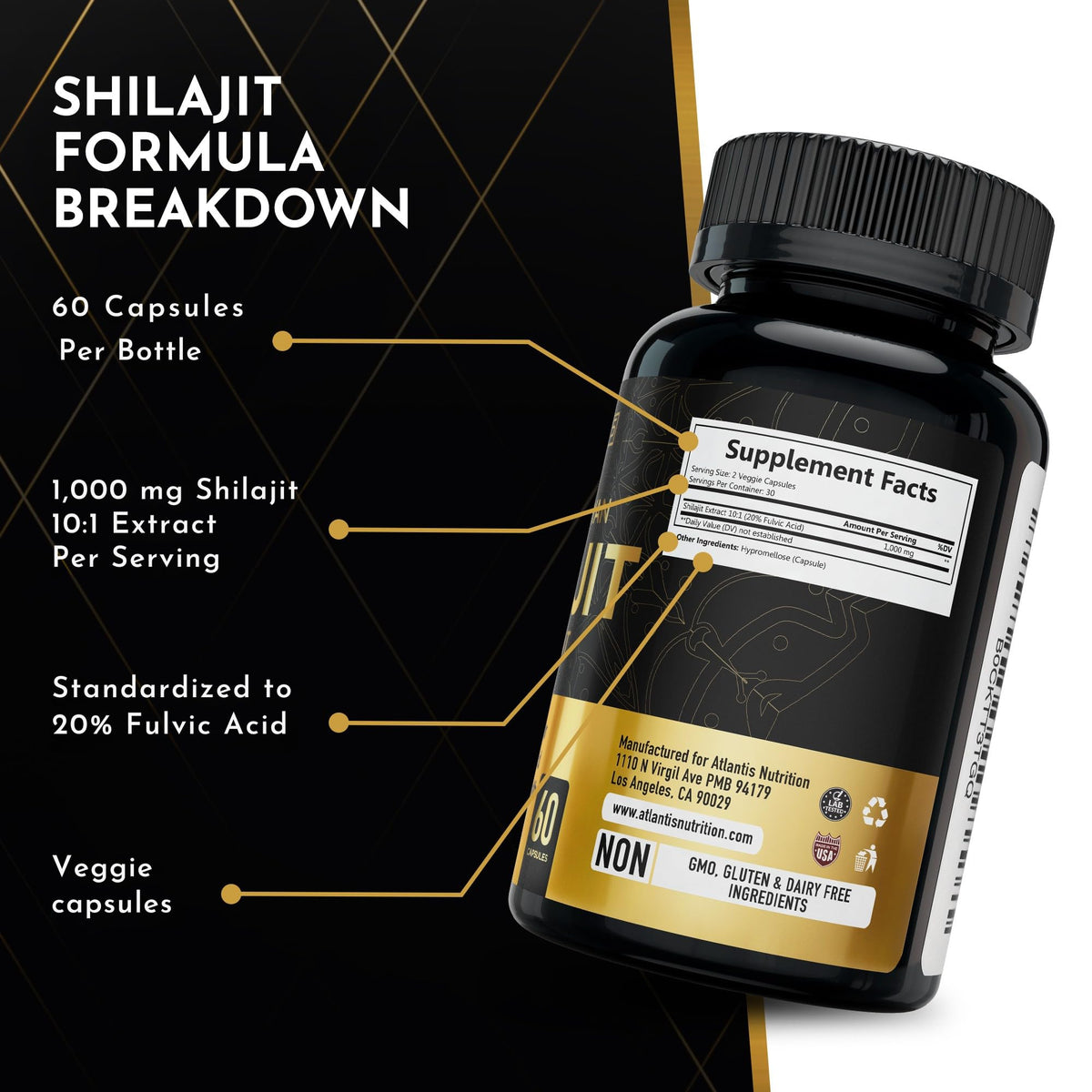 Bouteille de Shilajit Himalayen Atlantis Nutrition sur une table