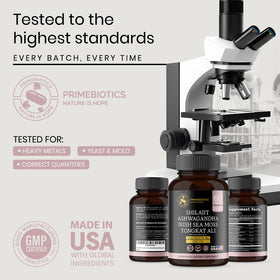 Bouteille de Shilajit PrimeBiotics avec étiquette visible