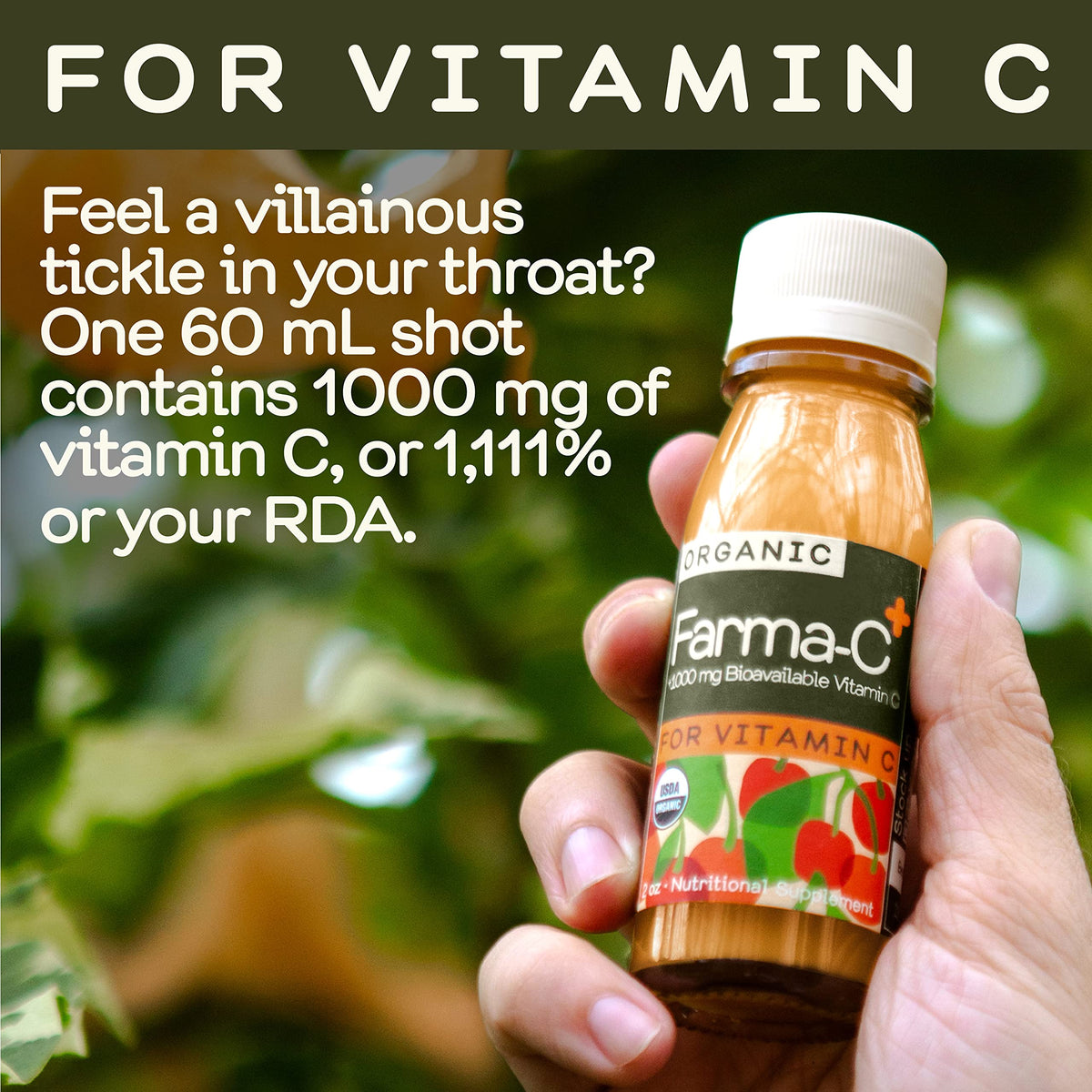Bouteille de shot de bien-être Farma-C+ de 60 ml avec étiquette