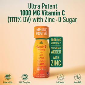 Bouteille de shot de Vitamine C 1000mg d'ALFA VITAMINS avec fond blanc