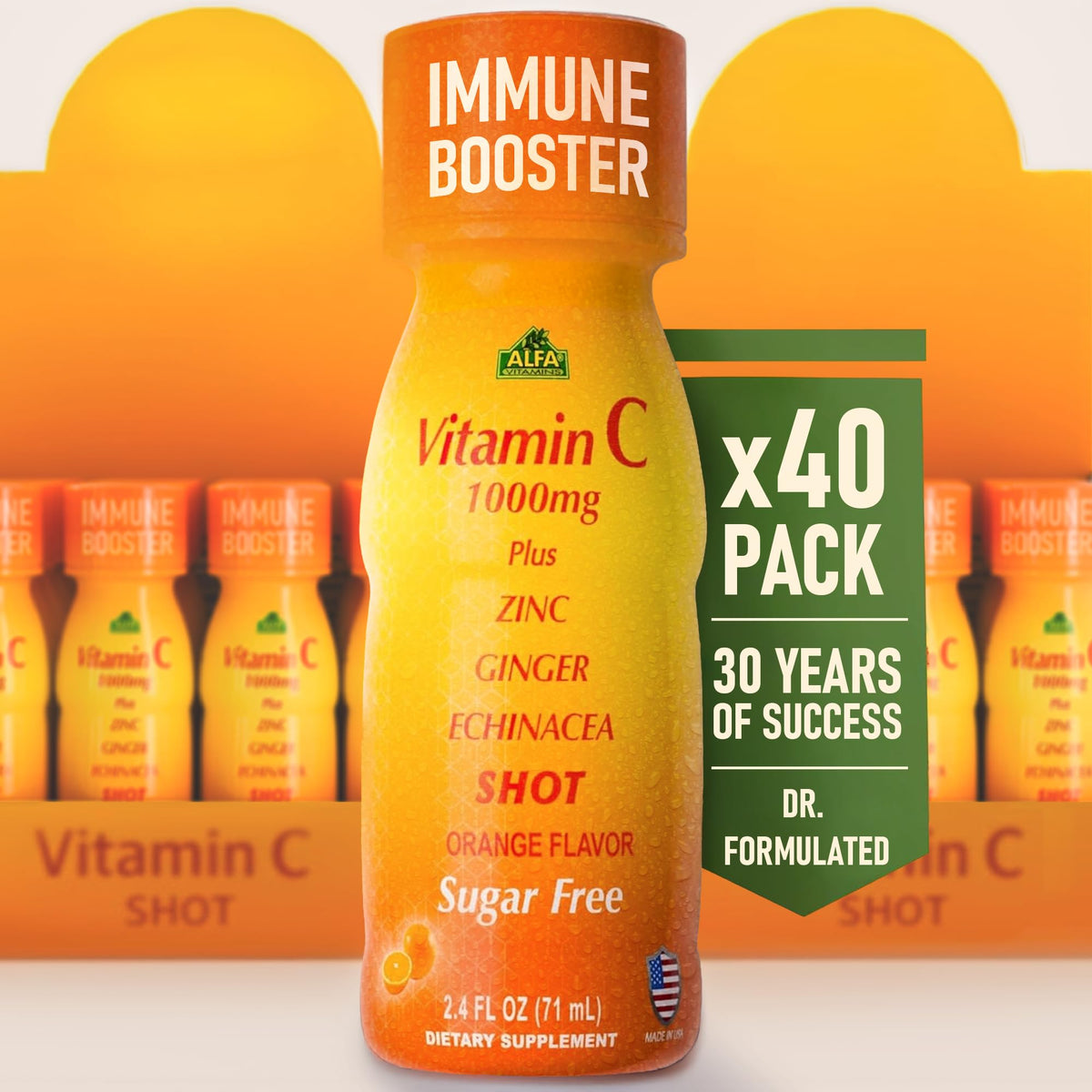 Bouteille de shot de Vitamine C 1000mg d'ALFA VITAMINS, vue de face