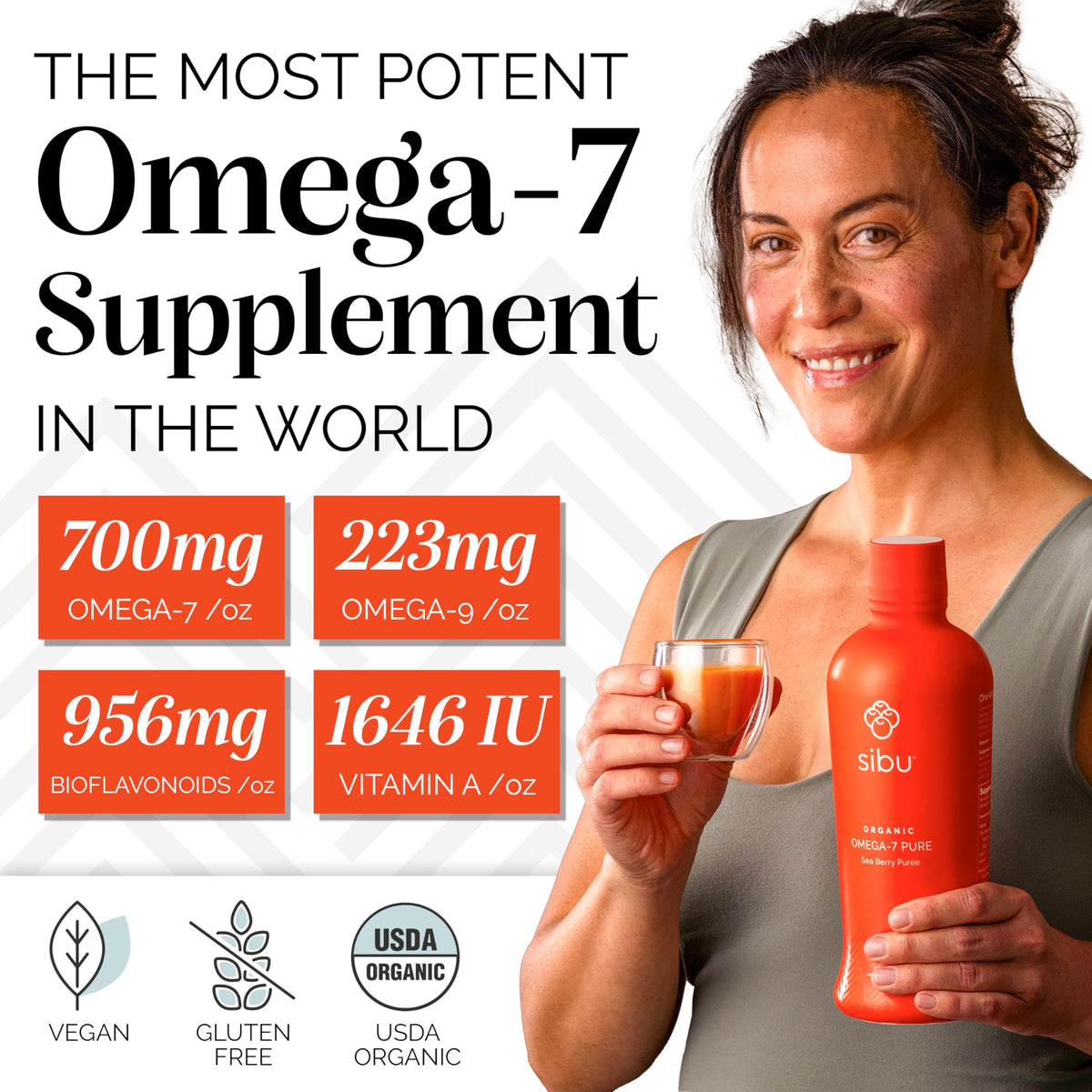 bouteille de sibu Omega-7 Pure avec étiquette détaillant les ingrédients
