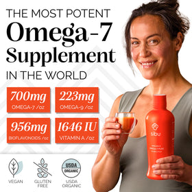 bouteille de sibu Omega-7 Pure avec étiquette détaillant les ingrédients