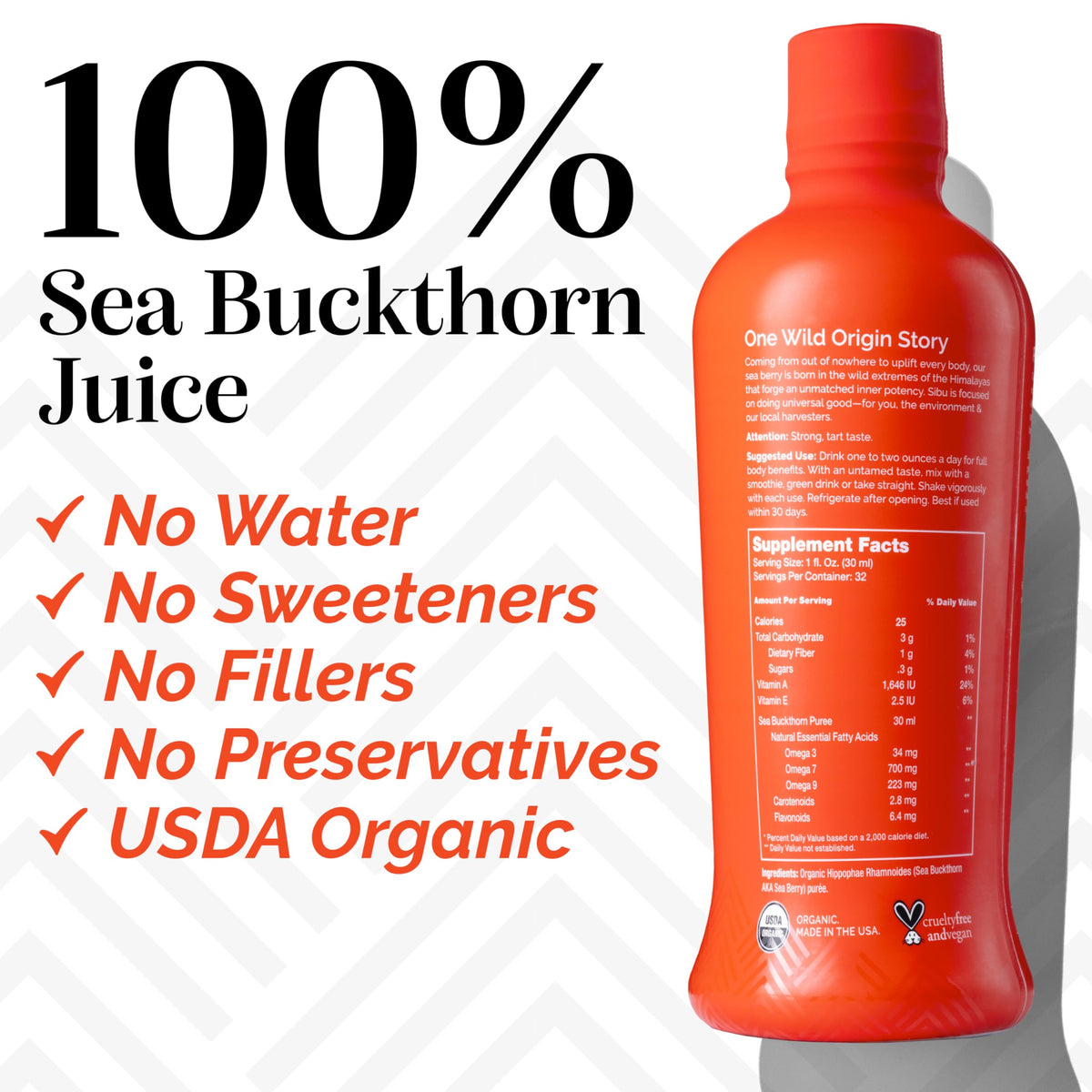 bouteille de sibu Omega-7 Pure avec un verre de jus à côté