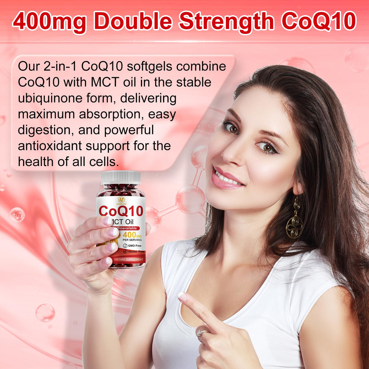 Bouteille de SIGNILIFE CoQ10 sur une table en bois