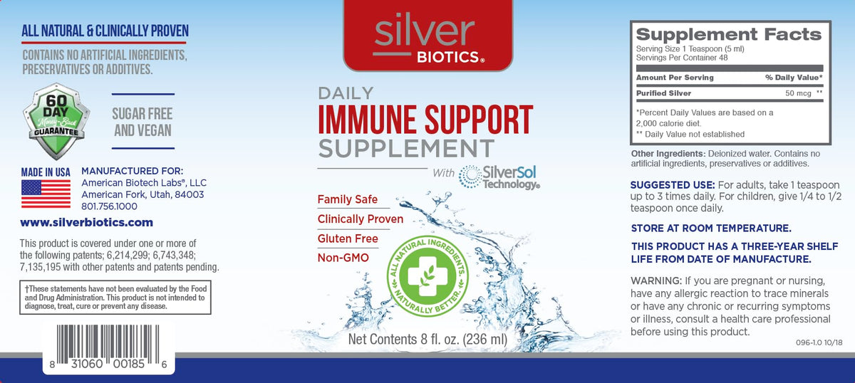 Bouteille de Silver Biotics 240 ml vue de côté