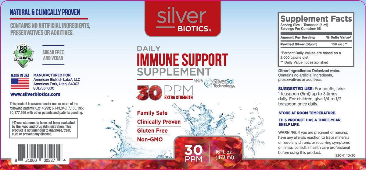 Bouteille de Silver Biotics 30 PPM avec bouchon ouvert
