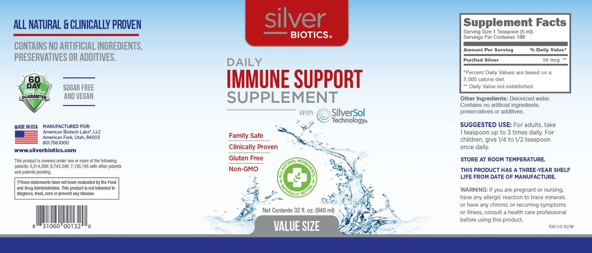 Bouteille de Silver Biotics sur un fond blanc
