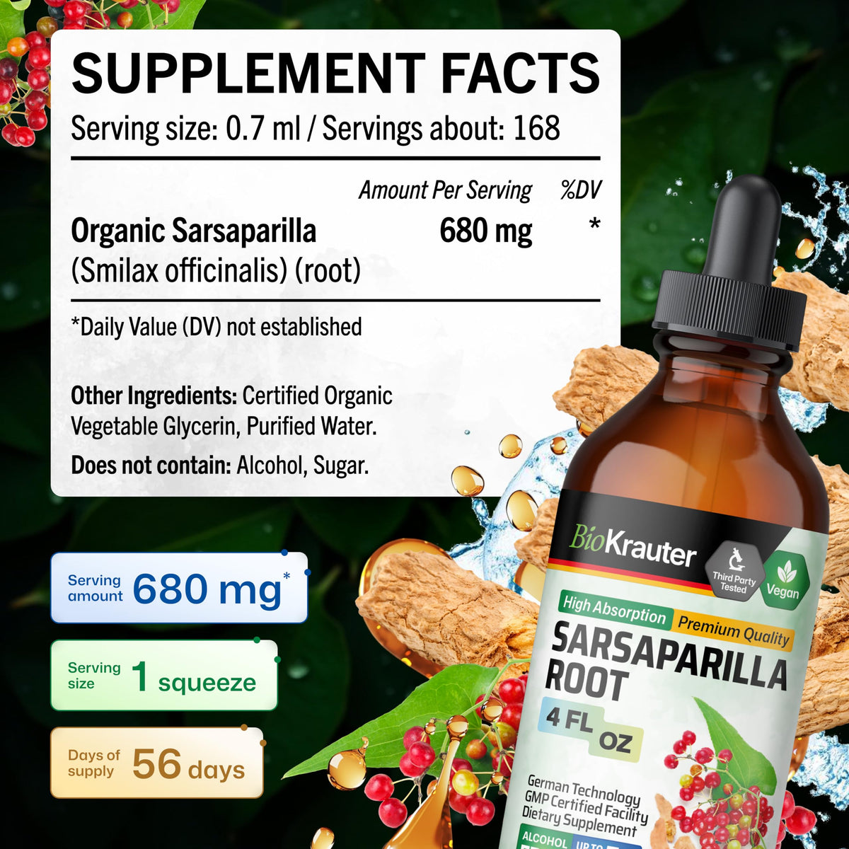 Bouteille de sirop de racine de sarsaparille BIO KRAUTER sur fond naturel
