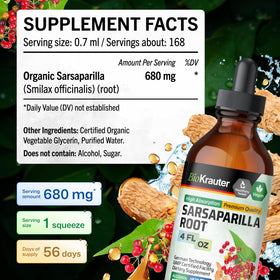 Bouteille de sirop de racine de sarsaparille BIO KRAUTER sur fond naturel