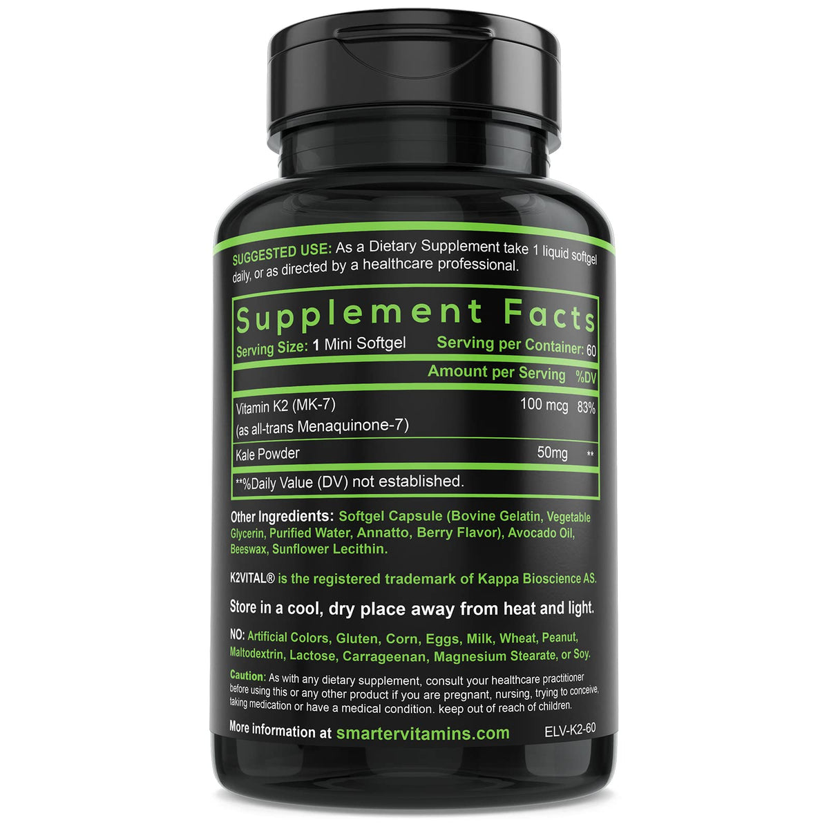 Bouteille de SmarterVitamins K2 MK7 ouverte avec gélules visibles