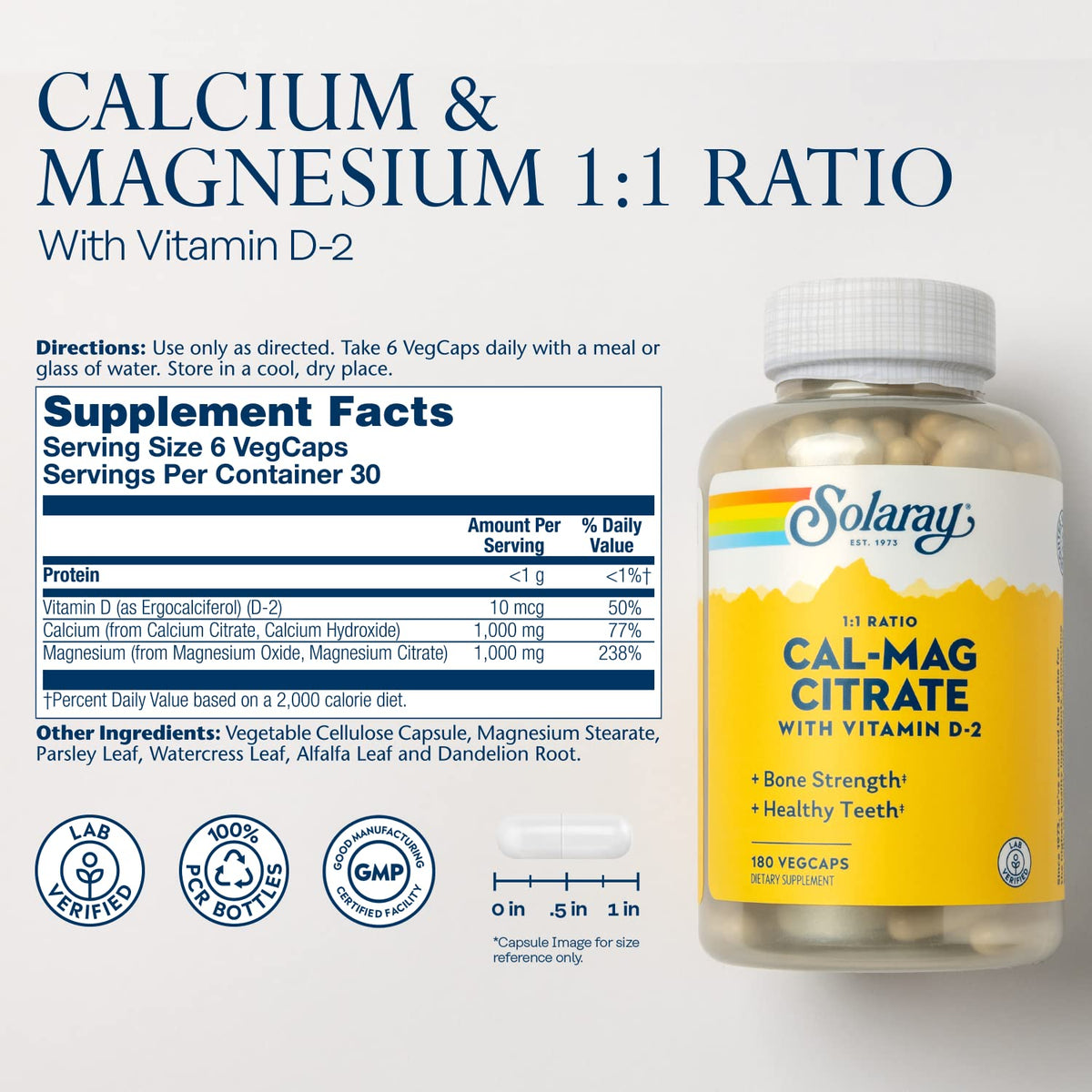 Bouteille de SOLARAY Calcium Magnésium Citrate 1:1 180 VegCaps avec étiquette