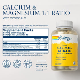 Bouteille de SOLARAY Calcium Magnésium Citrate 1:1 180 VegCaps avec étiquette